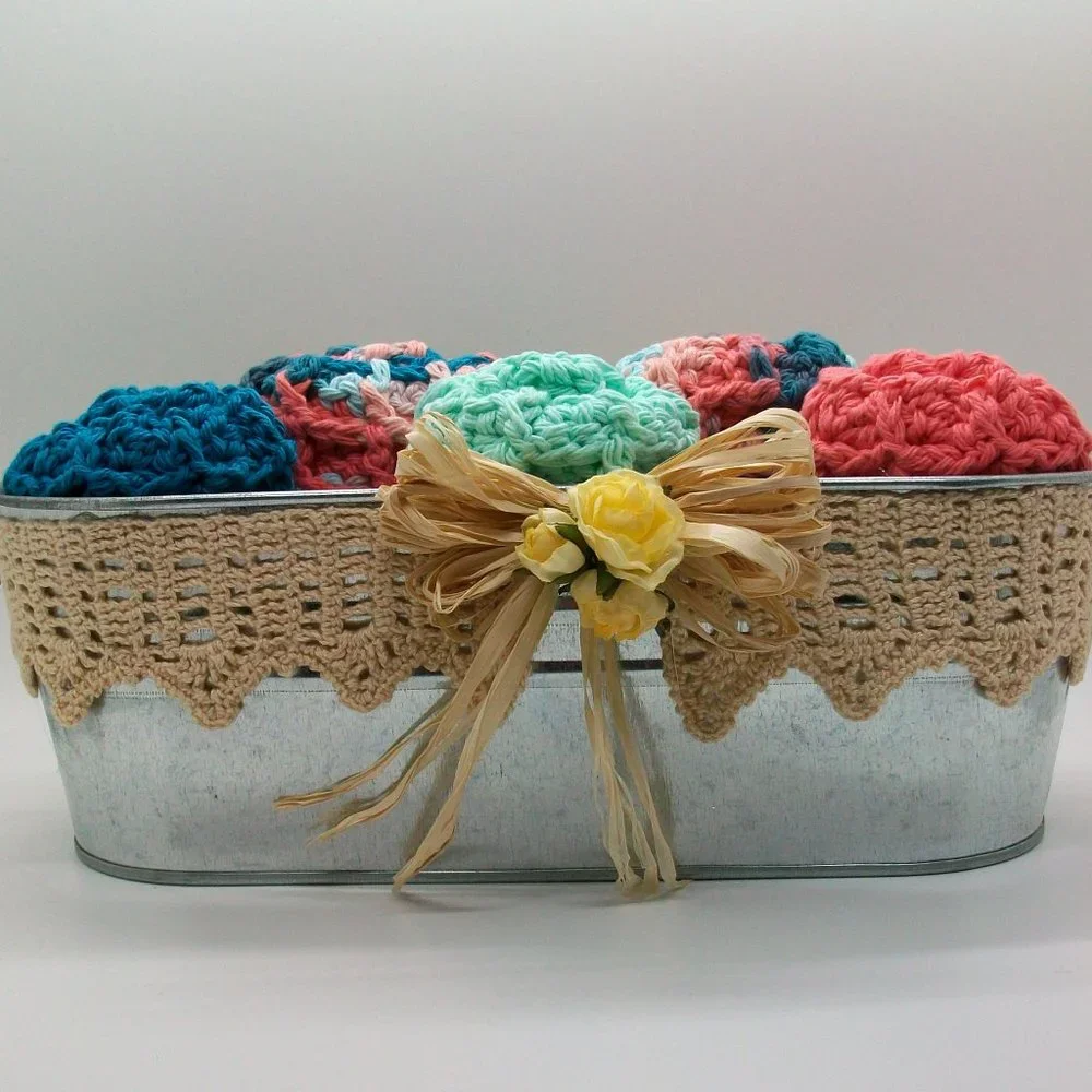 Handmade Crochet Reusable Cotton Wash Dish Cloths Metal Bucket Storage Set of 5